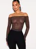Bestseller transfronteiriço europeu e americano, top listrado de malha ombro a ombro de manga longa, modelagem justa, ombro a ombro, blusa base sexy transparente