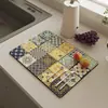 Alfombrilla Drenante de Tierra de Diatomeas con Diseño de Azulejo Floral Estilo Americano, Alfombrilla de Mesa Absorbente de Tierra de Diatomeas de Cocina de Secado Rápido, Base Aislante de Calor Antideslizante para Encimera