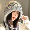 Pasamontañas de Punto Retro Fair Isle para Mujer Otoño Invierno Adelgazante Envoltorio para Cara y Cabeza Caliente Engrosado Protección para Orejas Sombrero de Lana