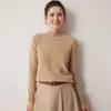 Camiseta básica sin costuras 100% cachemira pura de cuello semi-alto para mujer, top de manga larga ajustado a la moda para otoño e invierno