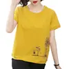 Camiseta de Manga Curta Feminina Solta Moda Top 2025 Verão Novo Estilo Ocidental Redutor de Idade Mãe de Meia-idade Camiseta de Manga Curta