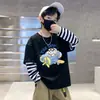Camiseta de Manga Larga a Rayas con Cuello Redondo de Moda Estilo Coreano para Niños, Ropa de Primavera y Otoño, Niños Estampado de Dibujos Animados Capa Base Algodón Puro Fina