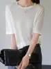 Camiseta base de punto fina 100% soluble en agua para mujer, manga corta, cuello redondo, ultrafina, ajuste ceñido, top versátil nuevo