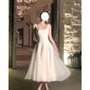 Vestido Blanco de Tirantes para Mujer Nuevo Malla Peluda Diseño de Hada Sentido Licencia Falda Larga Vestido de Banquete Falda
