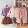 Conjunto de duas peças acolchoado para meninas para outono e inverno com uma jaqueta acolchoada fina de algodão com capuz e blocos de cor, combinado com calças de moletom acolchoadas de perna larga com forro de fleece.