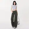 Calça jeans de workwear com leve boca de sino, nova coleção primavera-verão, calça de cintura alta, solta, perna larga, comprimento total para mulheres, calça de workwear cáqui