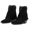 Botas femininas de outono e inverno para comércio exterior com franjas, botas de salto alto pontudas para cross-border, sola de borracha lisa, salto quadrado, salto alto de calçar tamanho grande