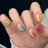 Uñas Postizas Desmontables con Gradiente Arcoíris Ojo de Gato, Manicura Cuadrada Corta Multicolor, Abalorios de Vidrio con Brillo Transparente