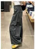 Pantalones cargo de pierna ancha, holgados, adelgazantes, de cintura alta, color gris verdoso, estilo retro americano, nueva moda, casual, multibolsillos