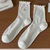 Calcetines Blancos de Encaje para Mujer, Calcetines de Media Pantorrilla de Moda, Calcetines Holgados de Algodón Puro para Primavera y Otoño, Combinación de Verano con Zapatos Mary Jane