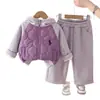 Conjunto de duas peças acolchoado para meninas para outono e inverno com uma jaqueta acolchoada fina de algodão com capuz e blocos de cor, combinado com calças de moletom acolchoadas de perna larga com forro de fleece.