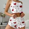 Verano Nuevo Europeo y Americano 2024 Tejido de Canalé Diseño de Estampado de Corazón Dulce Short con Tirantes Pijama de Deseo Puro para Mujer