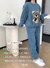 Pijama de Coral Fleece para Mujer Invierno Nuevo Franela Lindo Moda Ropa de Casa Larga Cuello Redondo Manga Larga Conjunto de Pantalones