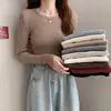 Blusa de punto de manga larga ajustada de color liso con cuello redondo, estilo coreano, para otoño e invierno, al por mayor para mujer, adecuada como prenda exterior y para mantenerse abrigada