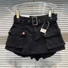 Tendencia de Verano 2026 Nuevo Estilo Americano Vintage Pantalones-Falda de Bolsillo Grande con Cinturón Pantalones Cortos de Mezclilla de Tres Cuartos