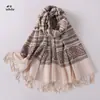 Xale Jacquard de Viscose com Padrão de Nuvem Retro Estilo Étnico, Lenço Listrado Respirável de Algodão e Linho com Franjas para Mulheres