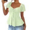 Nova T-shirt de Verão 2026 Amazon Tume Estilo Europeu e Americano Decote V Cordão Sexy Manga Curta Cor Sólida para Mulheres