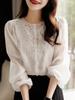 Camisa Elegante de Estilo Francés con Posicionamiento de Bordado Elegante Cuello Redondo Manga Larga Top Manga Farol Camisa de Protección Solar para Mujer Primavera y Verano