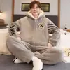 Pijama com Zíper Masculino Outono Inverno Coral Fleece Espessado Mais Veludo Quente Jovens Cardigan Roupas de Casa Conjunto Casual Masculino