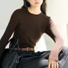 26 Camisa Base Simples Estilo Coreano Primavera/Verão Gola Redonda Tricô Cor Sólida Slim Fit Manga Longa Camada Interna Top Cor Sólida para Mulheres