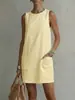 Amazon Ropa de mujer transfronteriza europea y americana verano bohemio holgado casual cuello redondo sin mangas bolsillo vestido de color liso
