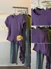 Design único com fitas, corte justo, nova camiseta de verão branca de manga curta com gola redonda para mulheres, estilo ins, roxo
