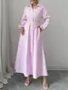 Chique Coreano Início do Outono Novo Estilo Francês Gola Alta Cintura Cadarço Listrado Estilo Camisa Vestido Solto para Mulheres