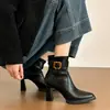Botines de Tobillo Estilo Coreano Retro Punta Fina Francesa para Mujer 2026 Otoño/Invierno Nuevos Tacón Grueso Hebilla de Cinturón Cremallera Lateral Tacón Alto Botas Martin