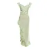 Estilo Europeu e Americano 2026 Primavera Novo Moda Feminina Cor Sólida Elegante Sexy Slim-Fit Fenda Lateral Vestido Personalizado com Babados