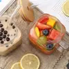 Vaso de vidrio cuadrado para pajilla, vaso para jugo de limón, vaso de vidrio de gran capacidad con asa, vaso de vidrio transparente de borosilicato alto con tapa