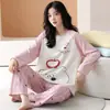Algodão Puro Pijama Feminino Primavera e Outono Manga Longa Calça Longa Menina Cartoon Fofa Gola Redonda Pulôver Pode Ser Usado Fora de Casa Roupas