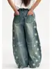 Jeans American Retro Estampa de Estrela com Fenda Lateral Estilo Cimitarra Cleanfit Outono Calças Largas High Street Femininas