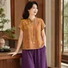 Conjunto de Verão de Alta Qualidade para Mães Novo Estilo Chinês Novo Toque de Alta Qualidade Roupas para Mulheres de Meia-Idade Temperamento Retrô Conjunto de Manga Curta Mulheres