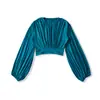 Atacado de Roupas Femininas Transfronteiriças Outono Novo Estilo Europeu e Americano Gola Redonda Plissado Cor Sólida Casual Manga Longa Top Curto