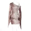Bestseller de ropa para mujer transfronteriza estilo europeo y americano: estampado de leopardo, cuello asimétrico, manga larga, falda corta, vestido ajustado sexy para vacaciones