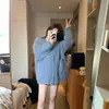 Cardigan suéter de pele de vison azul para mulheres, primavera e outono, estilo casual e relaxado, modelagem solta, top de malha macio e confortável
