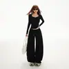 2 Cores 2026 Estilo Casual Preguiçoso Emagrecedor Top Amplo Calça Banana de Perna Larga Cordão Conjunto Casual Feminino