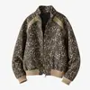 Jaqueta masculina plus size com estampa de leopardo, coleção outono 2026 transfronteiriça, peça externa casual de peso pesado com costela e retalhos, gola alta