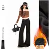 Pantalones largos de mujer de estilo americano, retro, color café, con forro polar cálido, de tiro bajo, acampanados, transfronterizos