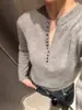 Nuevo Suéter de Punto de Lana para Mujer Otoño/Invierno Serie Gris Cuello Medio Abierto de Cachemira Diseño de Botones en V Henley Capa Base