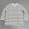 Camiseta de manga larga a rayas de lino y algodón con cuello redondo, estilo casual holgado, bolsillos, camiseta básica versátil y estilizada para mujer