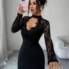 Etiqueta transfronteriza Otoño Nuevo Sexy Elegante Cuello alto Encaje Patchwork Abertura Manga Larga Ceñidor de cintura Vestido de longitud media