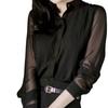 Camisa de Manga Larga para Mujer 2026, Nuevo Estilo Coreano Primavera/Verano, Ajustada Negra con Cuello Alto, Transparente de Gasa, Sexy Ol Top