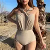 Nuevo traje de baño de una pieza para mujer que cubre el abdomen adelgazante color liso Simple Sexy conservador push up para pecho pequeño traje de baño para aguas termales