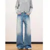 Jeans masculinos americanos de alta qualidade para o dia a dia, azul lavado, com aspecto desgastado, básico, reto, vintage, solto, que afina a silhueta, com caimento fluido, comprimento até o chão