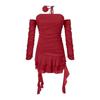 2025 Nuevo Diseño de Malla Sexy Vestido Tubo para Mujer Delgado Sin Espalda de Manga Larga con Volantes Falda Fruncida Envuelta en el Pecho Plisado