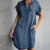 Site Independente Amazon 2025 Novo Produto Transfronteiriço Estilo Europeu e Americano Gola Lapela Manga Curta Vestido Justo Vestido Camisa Jeans para Mulheres