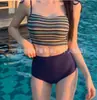 Traje de baño de dos piezas a rayas estilo coreano para mujer, de cintura alta, adelgazante, push-up para busto pequeño, bikini para vacaciones de chica hot