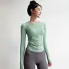 Top de Yoga Feminino Outono e Inverno Camiseta Esportiva Roupa de Treino para Pilates Fitness Manga Longa Alta Elasticidade Gola Redonda Camada Base Outono e Inverno