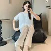 6535 Pijama de Algodão para Mulheres Primavera e Verão Novo Estilo Doce e Fresco Floral Manga Curta Calça Longa Modelagem Solta Conjunto de Roupa de Casa para Menina